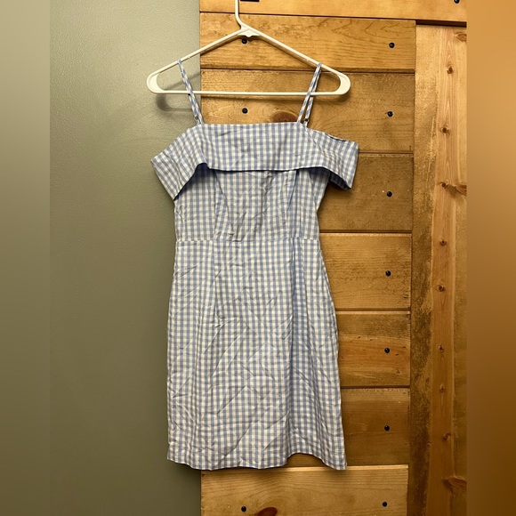 Lulu’s x re:named Blue Gingham Off the Shoulder Spaghetti Strap Summer Dress - Picture 5 of 7